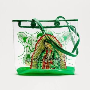 Ed Hardy Women's Virgin de Guadalupe Mary Green Design Clear Floral Tote Bag NWT